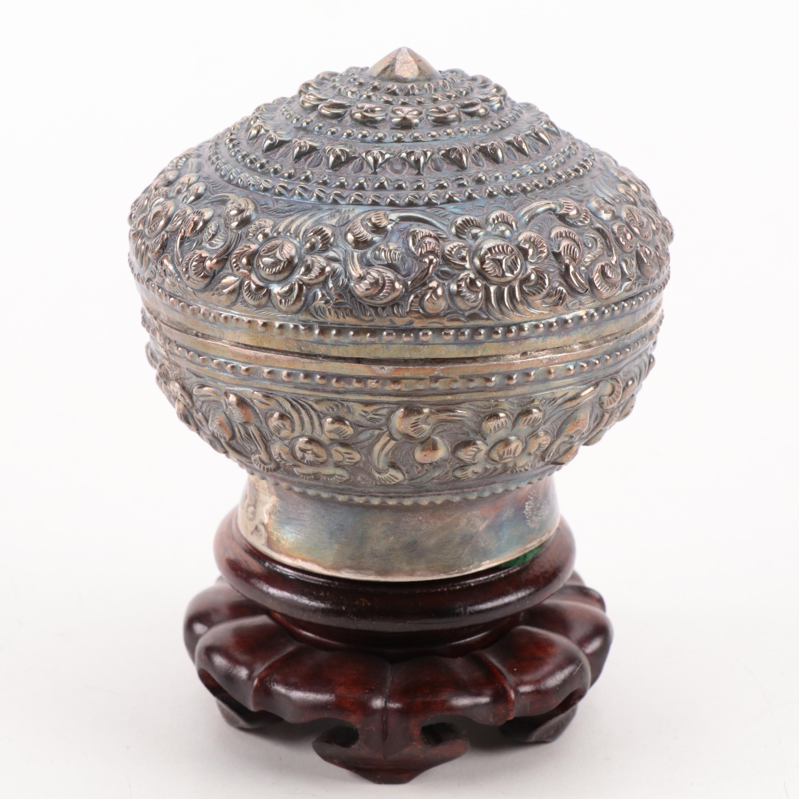 Thai Benjarong Porcelain Jars with Tibetan Silver Jar and Wooden Stands