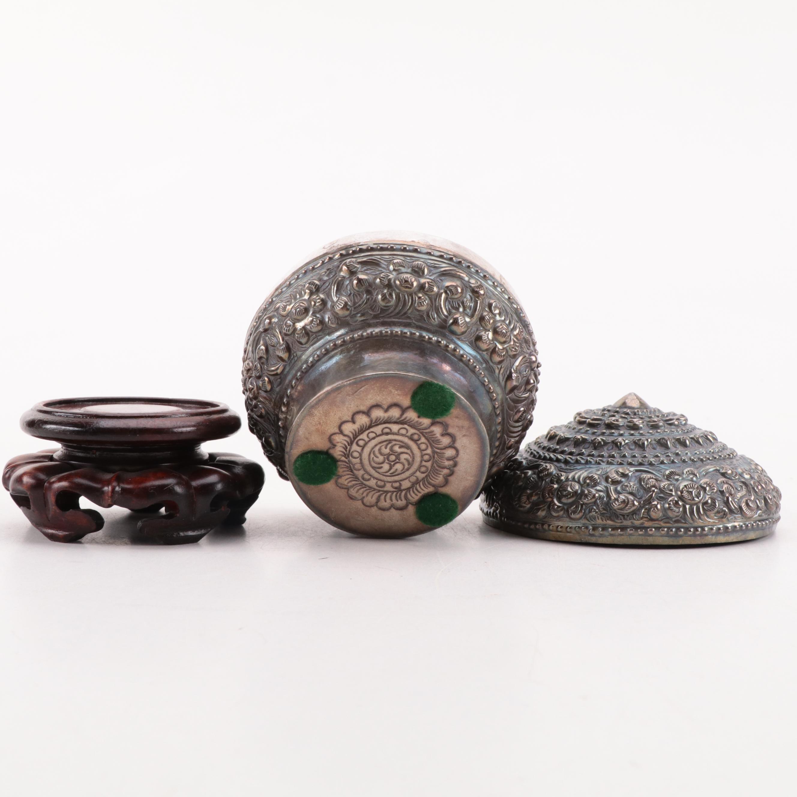 Thai Benjarong Porcelain Jars with Tibetan Silver Jar and Wooden Stands