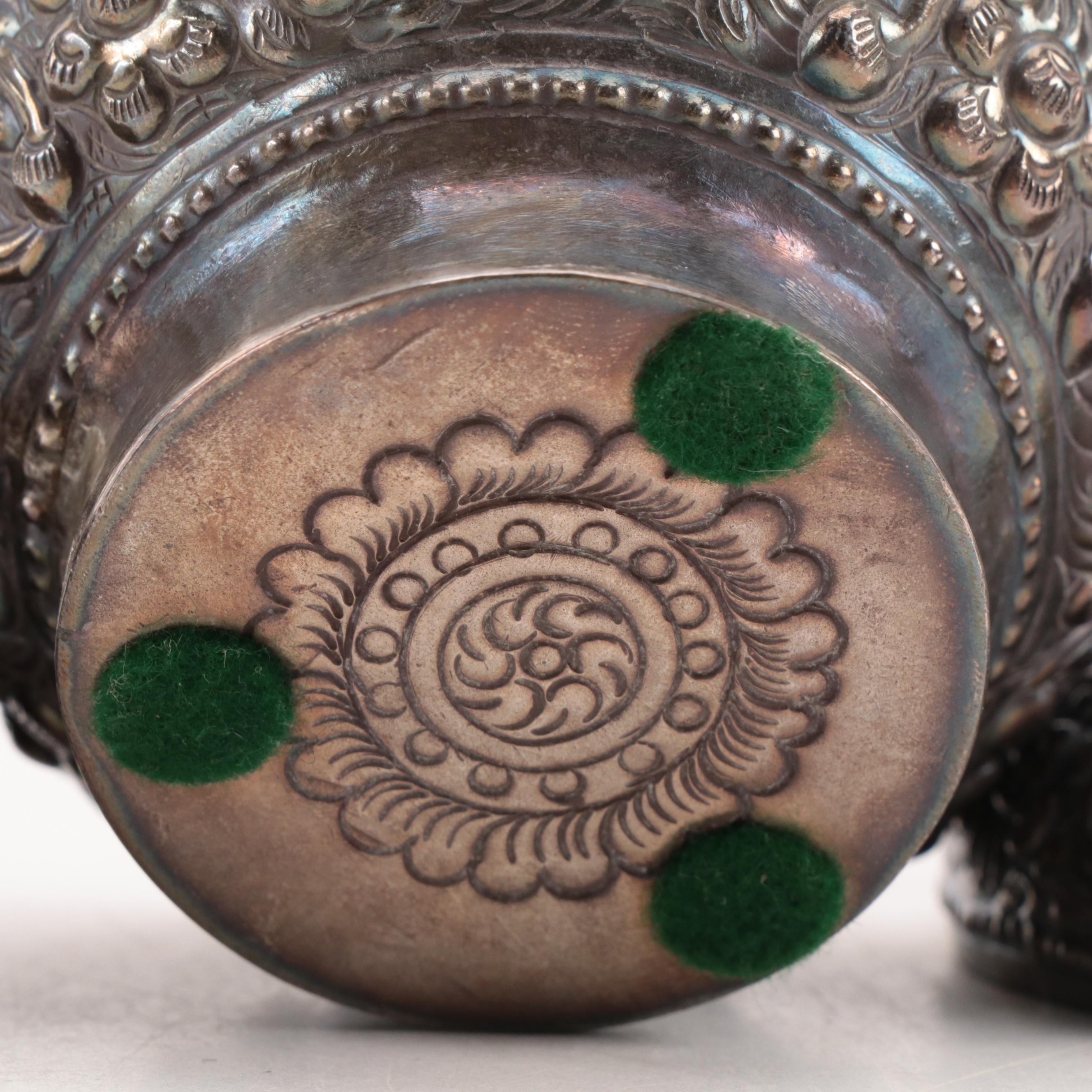 Thai Benjarong Porcelain Jars with Tibetan Silver Jar and Wooden Stands