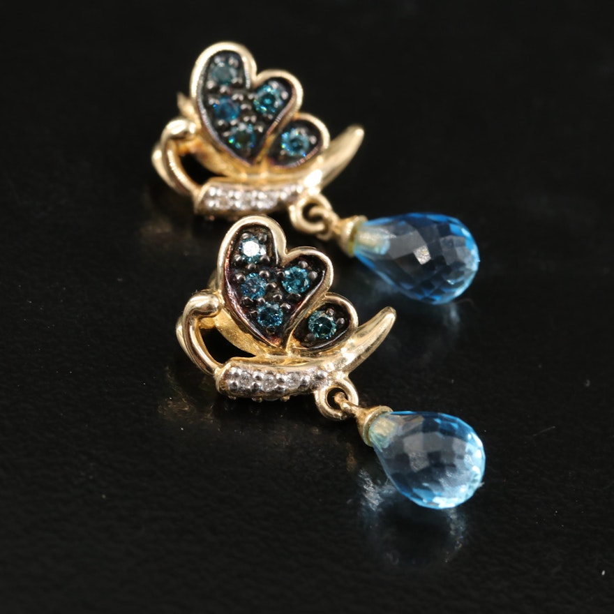 14K Swiss Blue Topaz and Diamond Butterfly Earrings