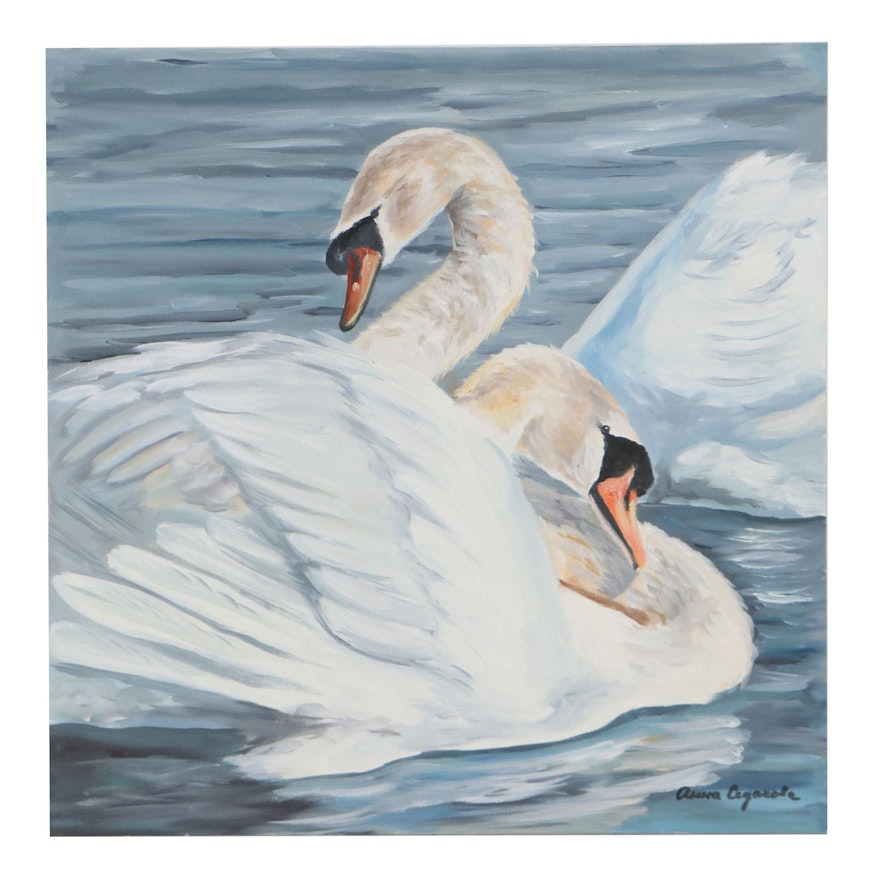 Oil Painting of Swans, 21st Century