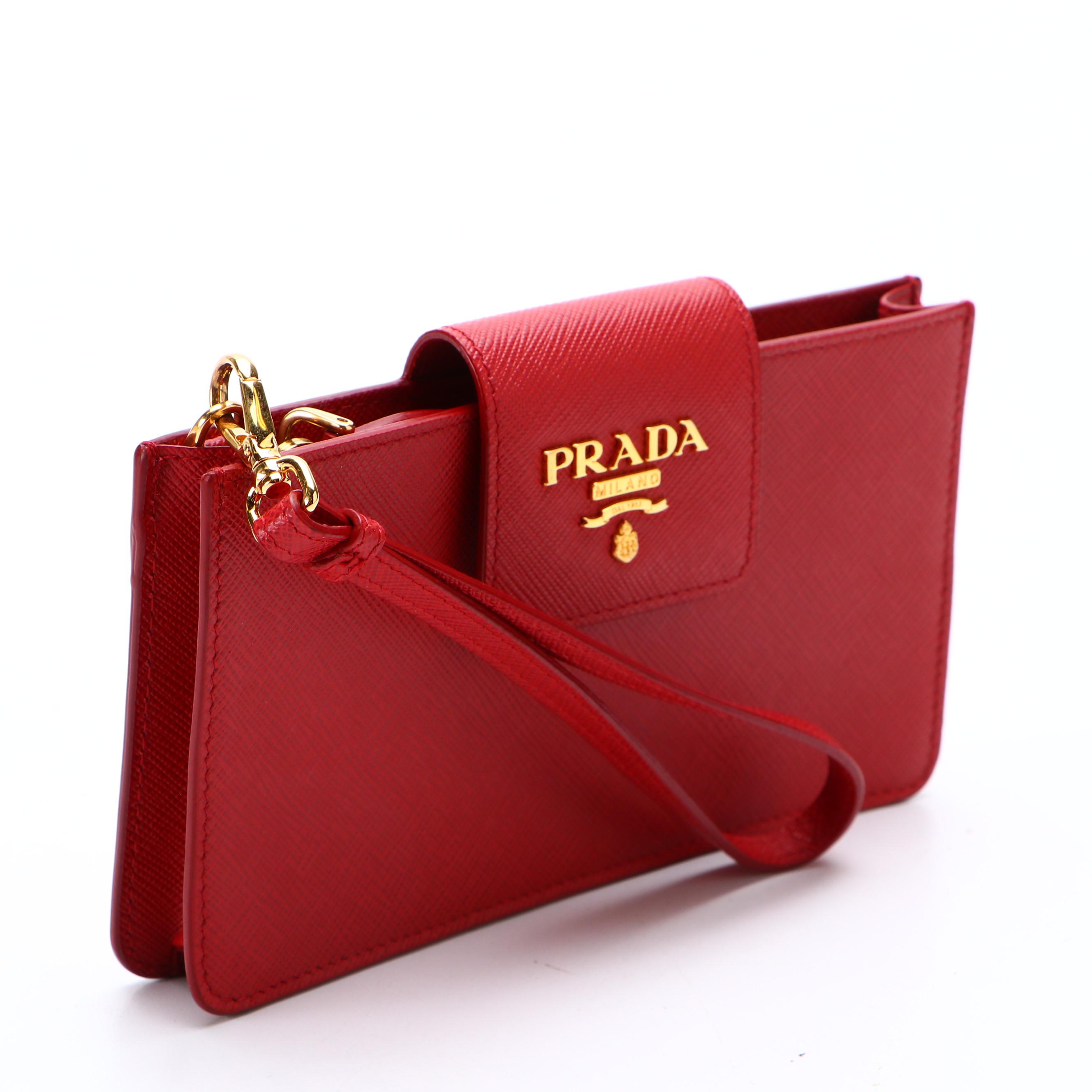 Prada Red Saffiano Leather Zip Pouch Wristlet