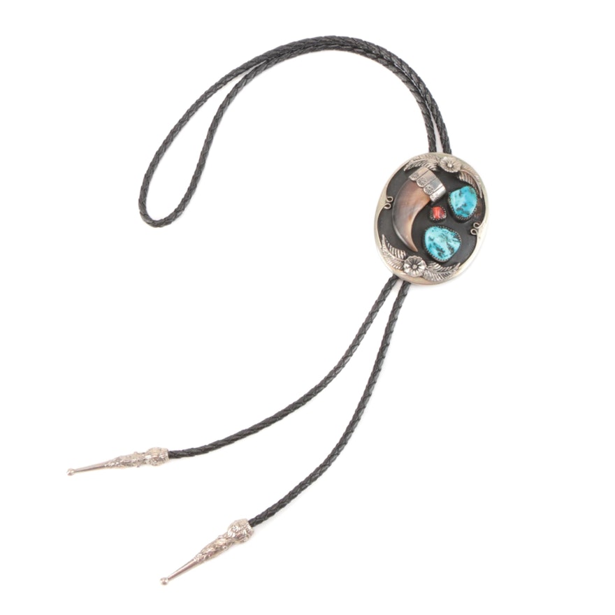 Southwestern Bear Claw, Coral, and Turquoise Bolo Tie