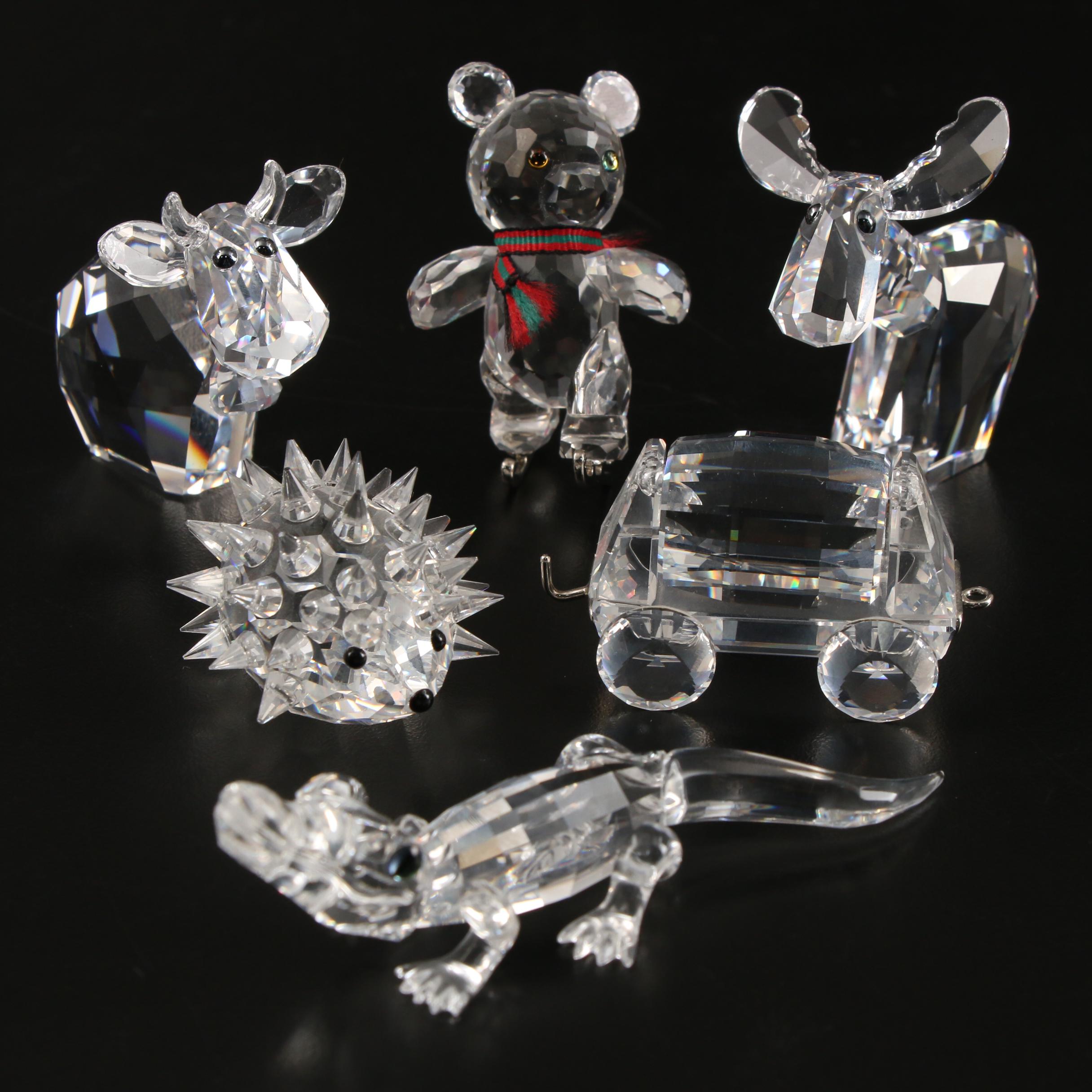 Swarovski Crystal Animals with "Tipping Wagon" Figurines