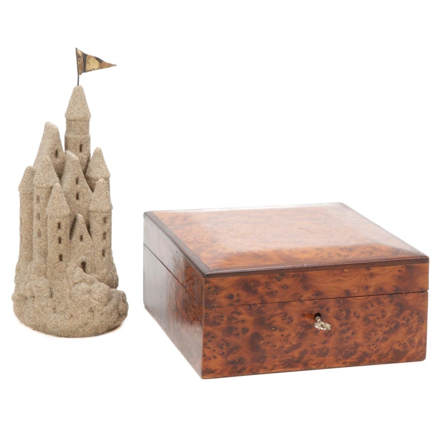 Burl Wood Box with Key and Castle Sand Sculpture