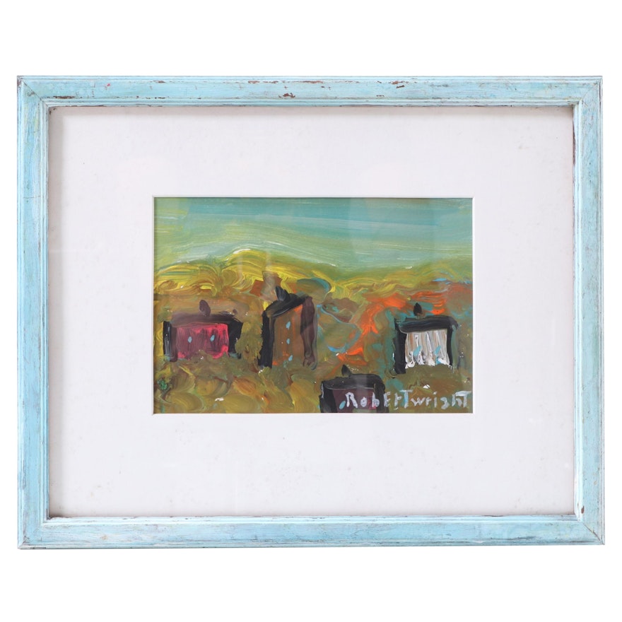 Robert Wright Folk Art Acrylic Painting of Houses