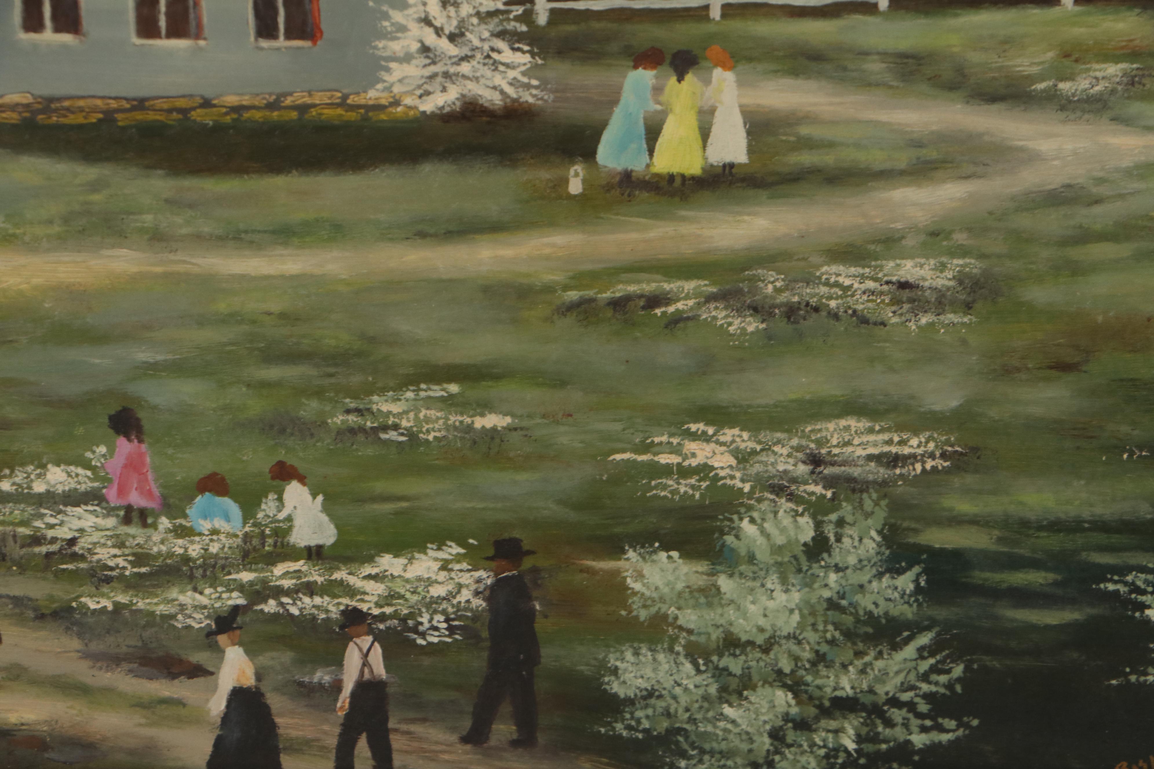 Folk Art Style Oil Painting of Rural Church Scene, 1967