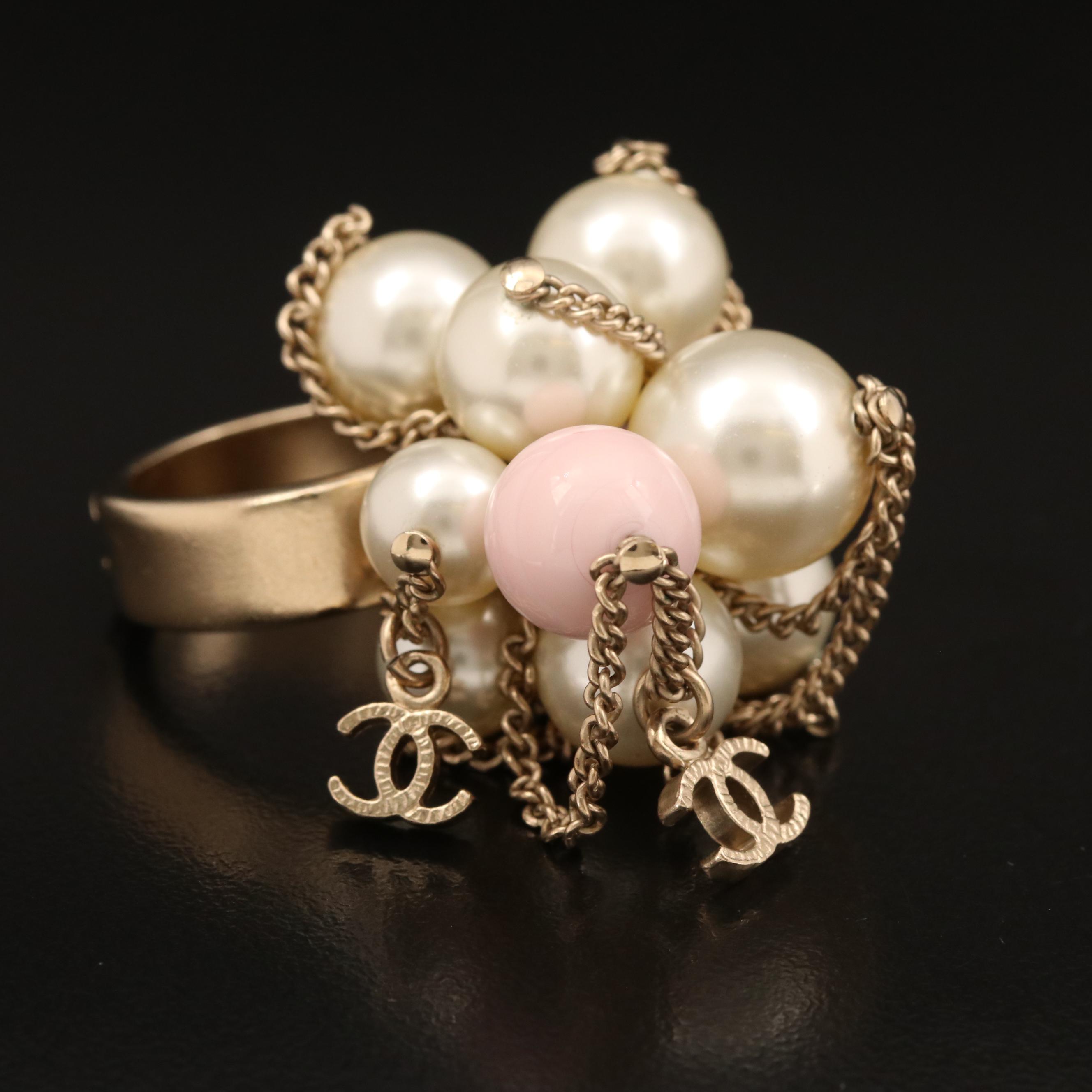 Chanel Faux Pearl Pom Pom Ring