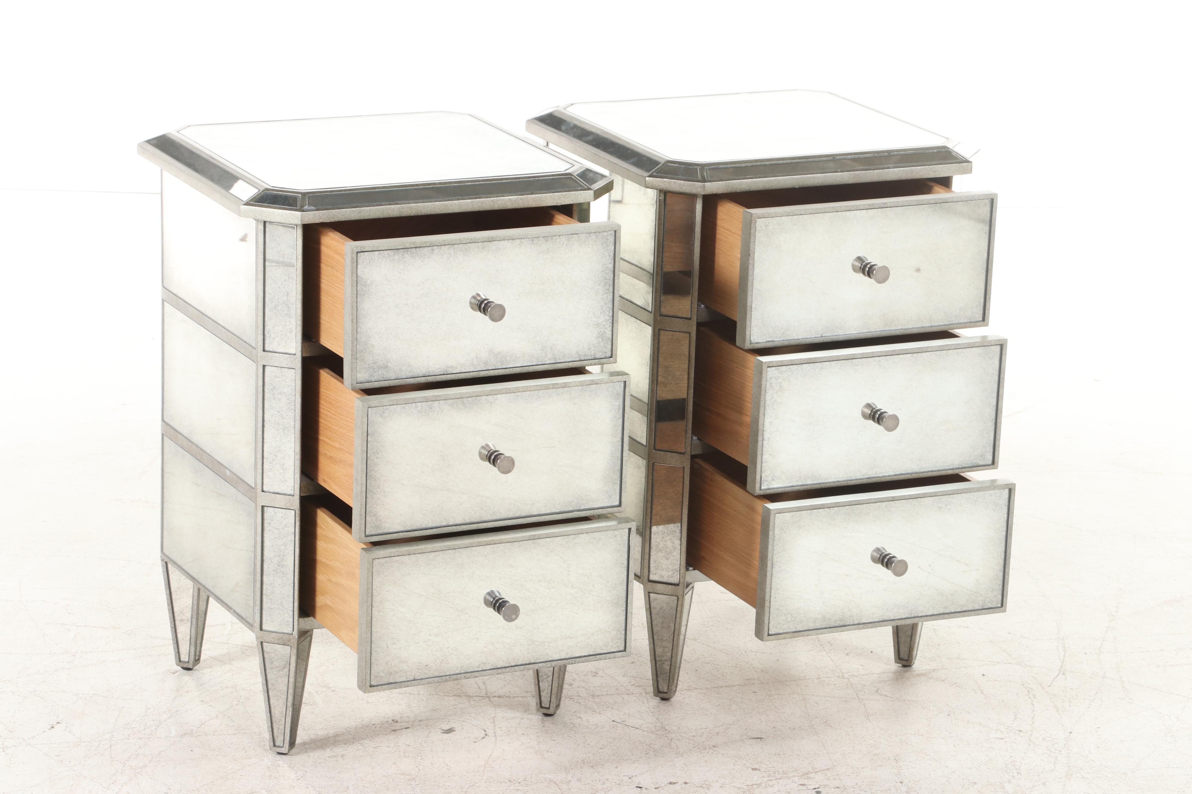 Pair of Restoration Hardware "Ava" Silver Gilt and Mirrored Glass Nightstands