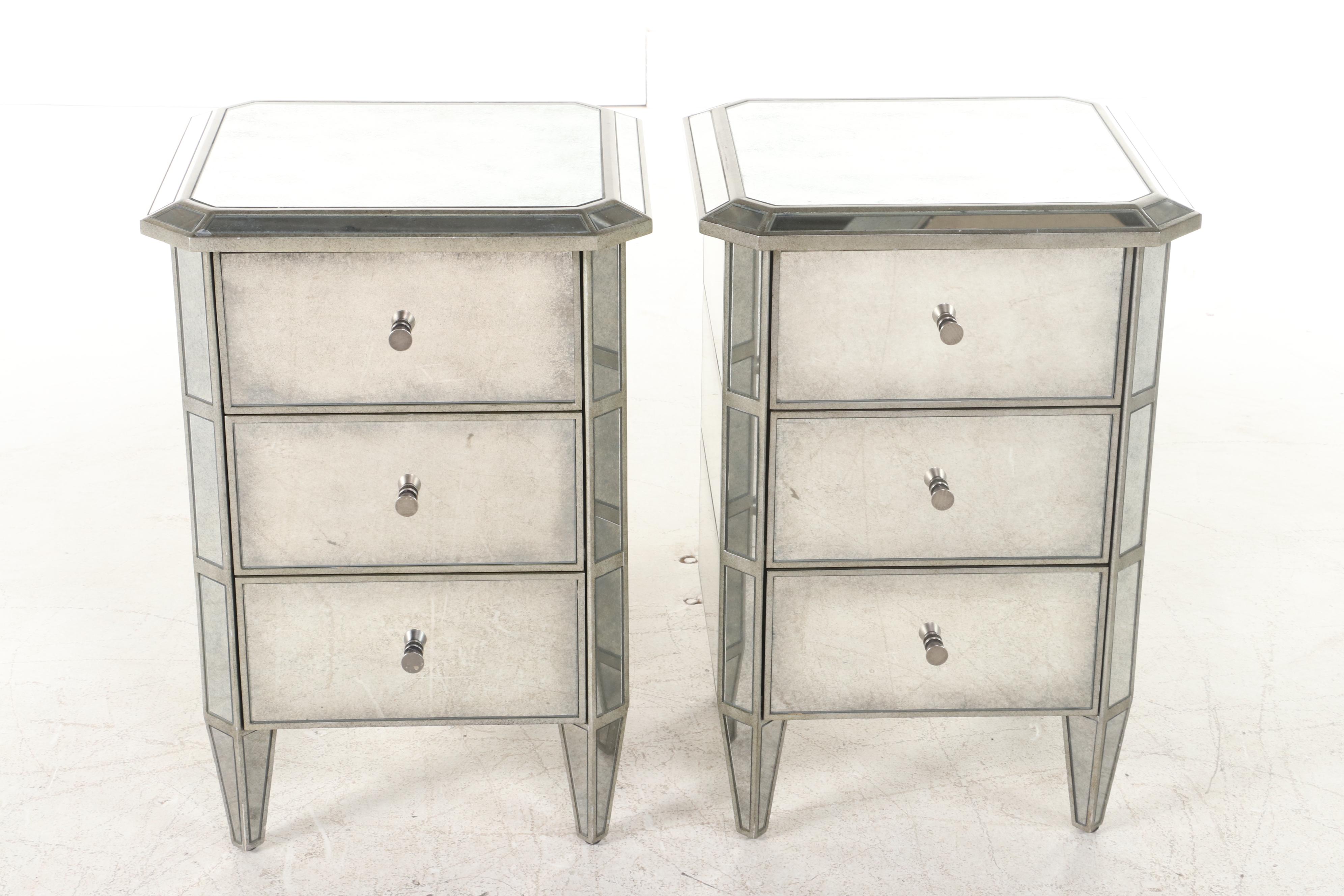 Pair of Restoration Hardware "Ava" Silver Gilt and Mirrored Glass Nightstands