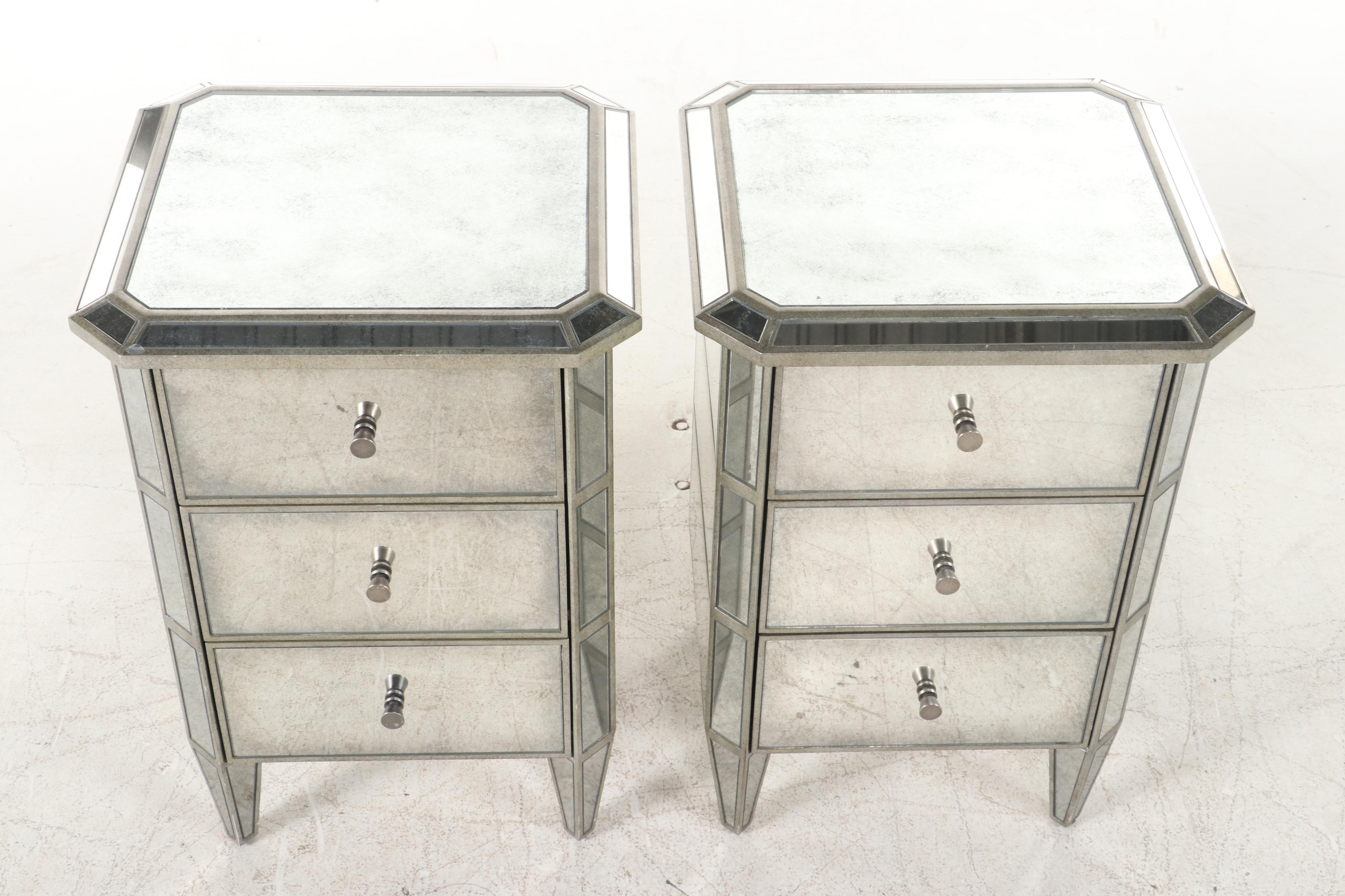 Pair of Restoration Hardware "Ava" Silver Gilt and Mirrored Glass Nightstands