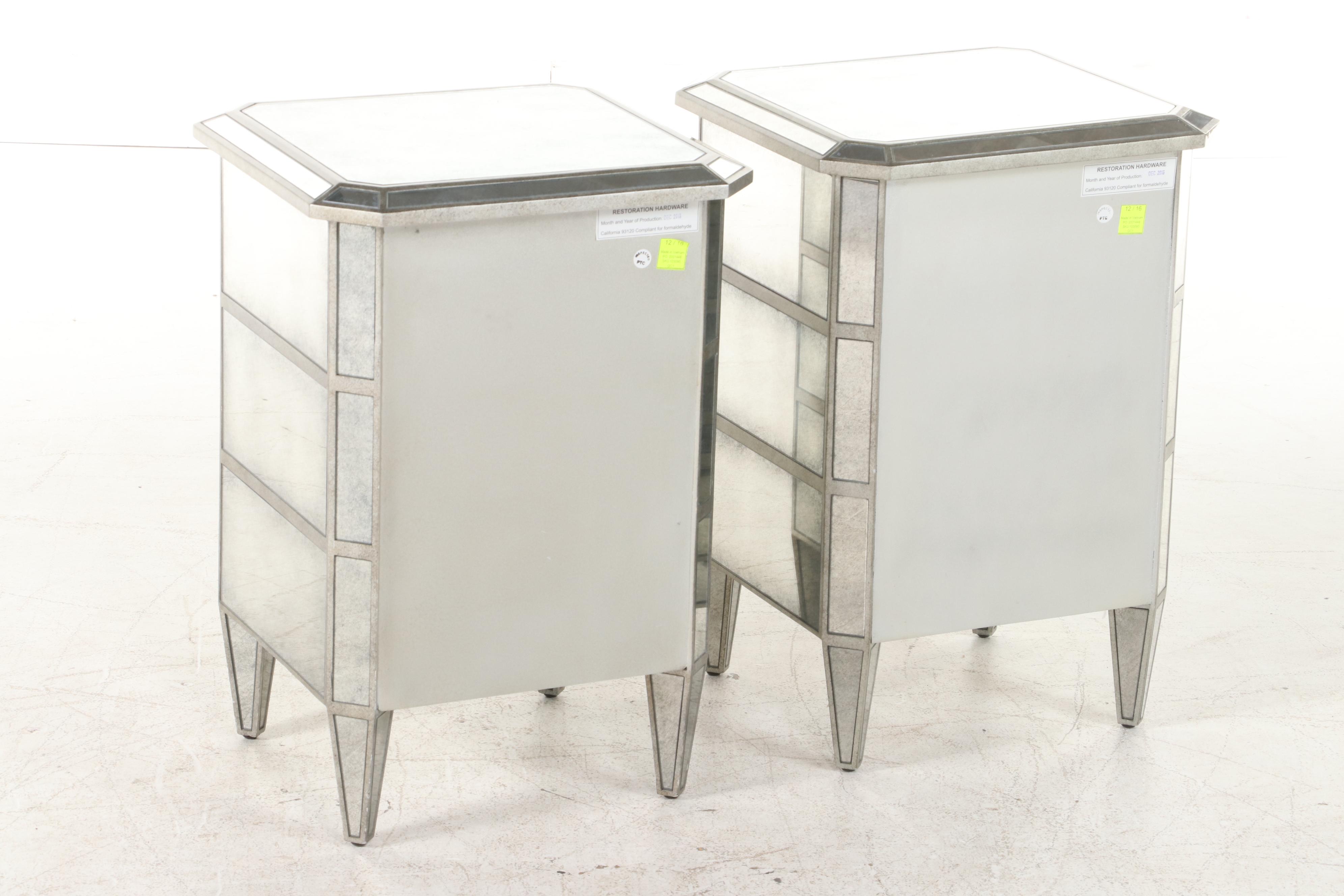 Pair of Restoration Hardware "Ava" Silver Gilt and Mirrored Glass Nightstands