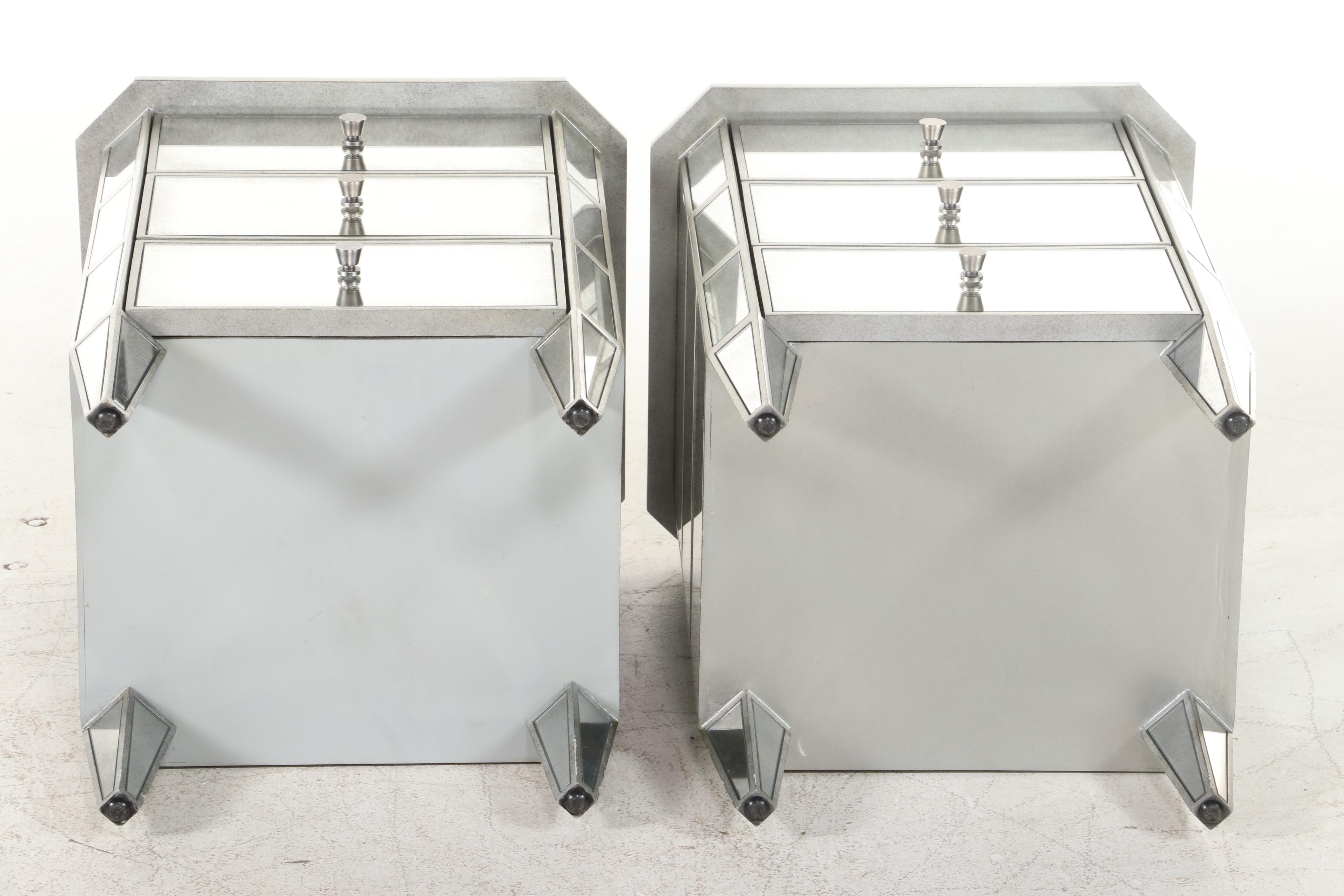 Pair of Restoration Hardware "Ava" Silver Gilt and Mirrored Glass Nightstands