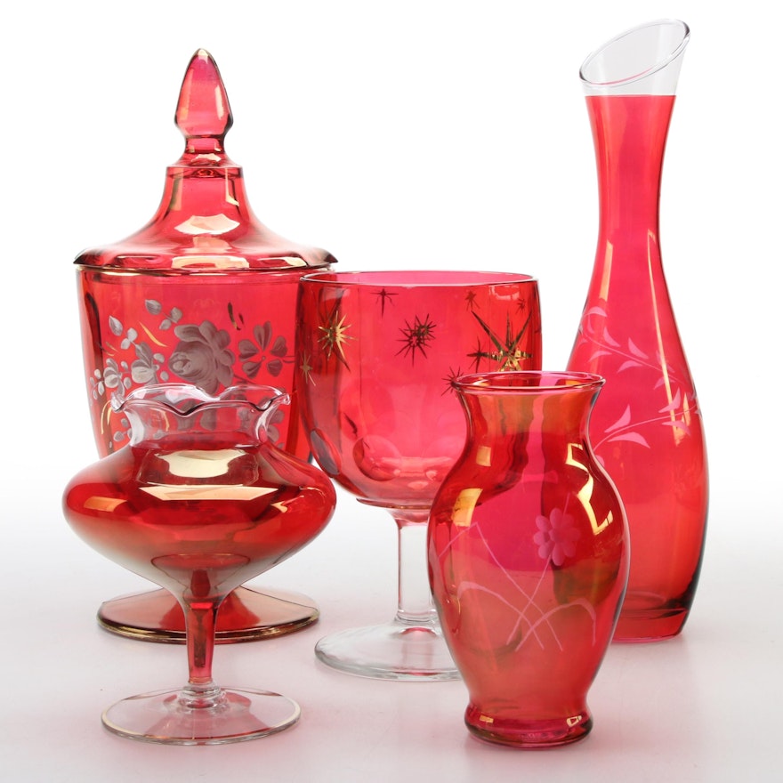 Bohemian Style Cranberry Flash Glass Vases, Candy Dish, and Cup