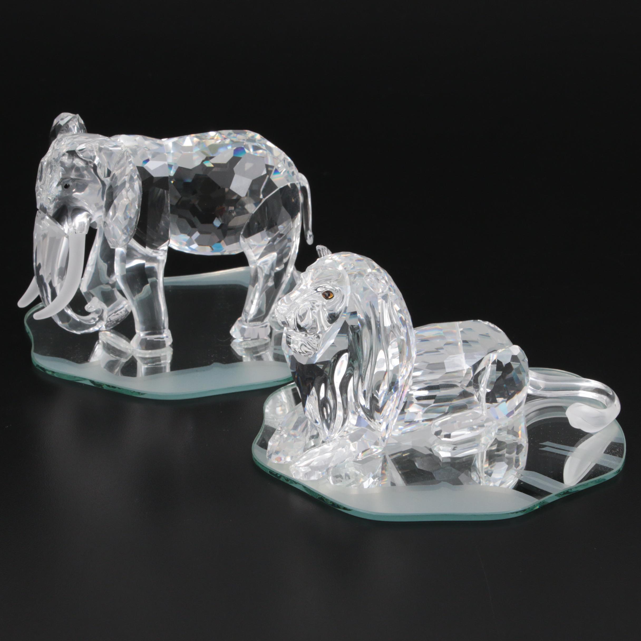 Swarovski Elephant and Lion Crystal Figurines, Late 20th Century