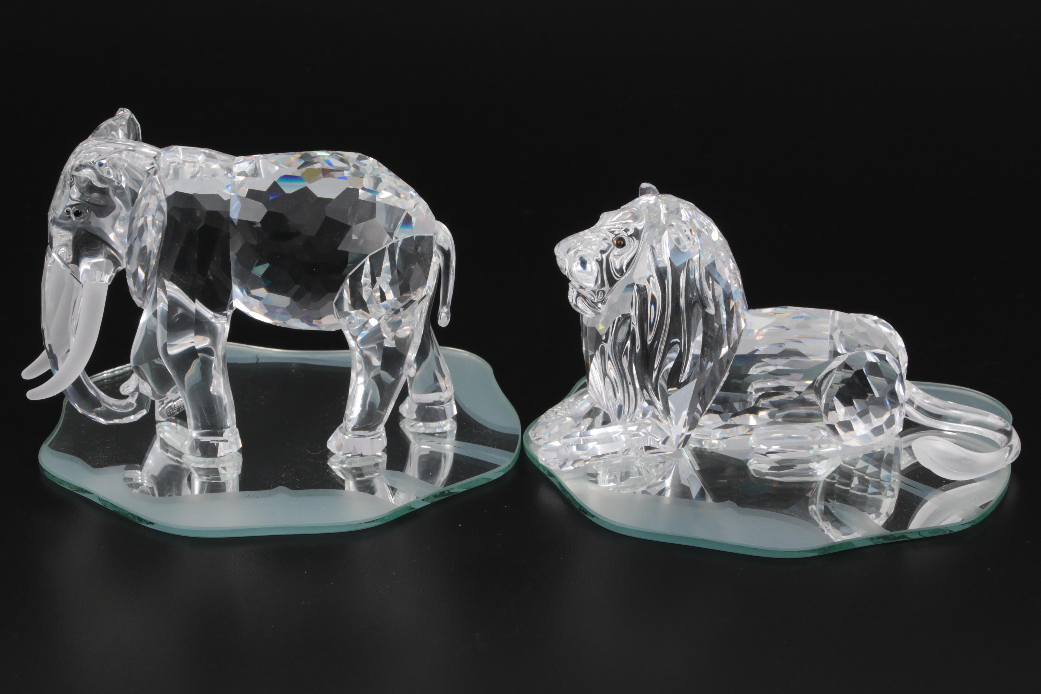 Swarovski Elephant and Lion Crystal Figurines, Late 20th Century