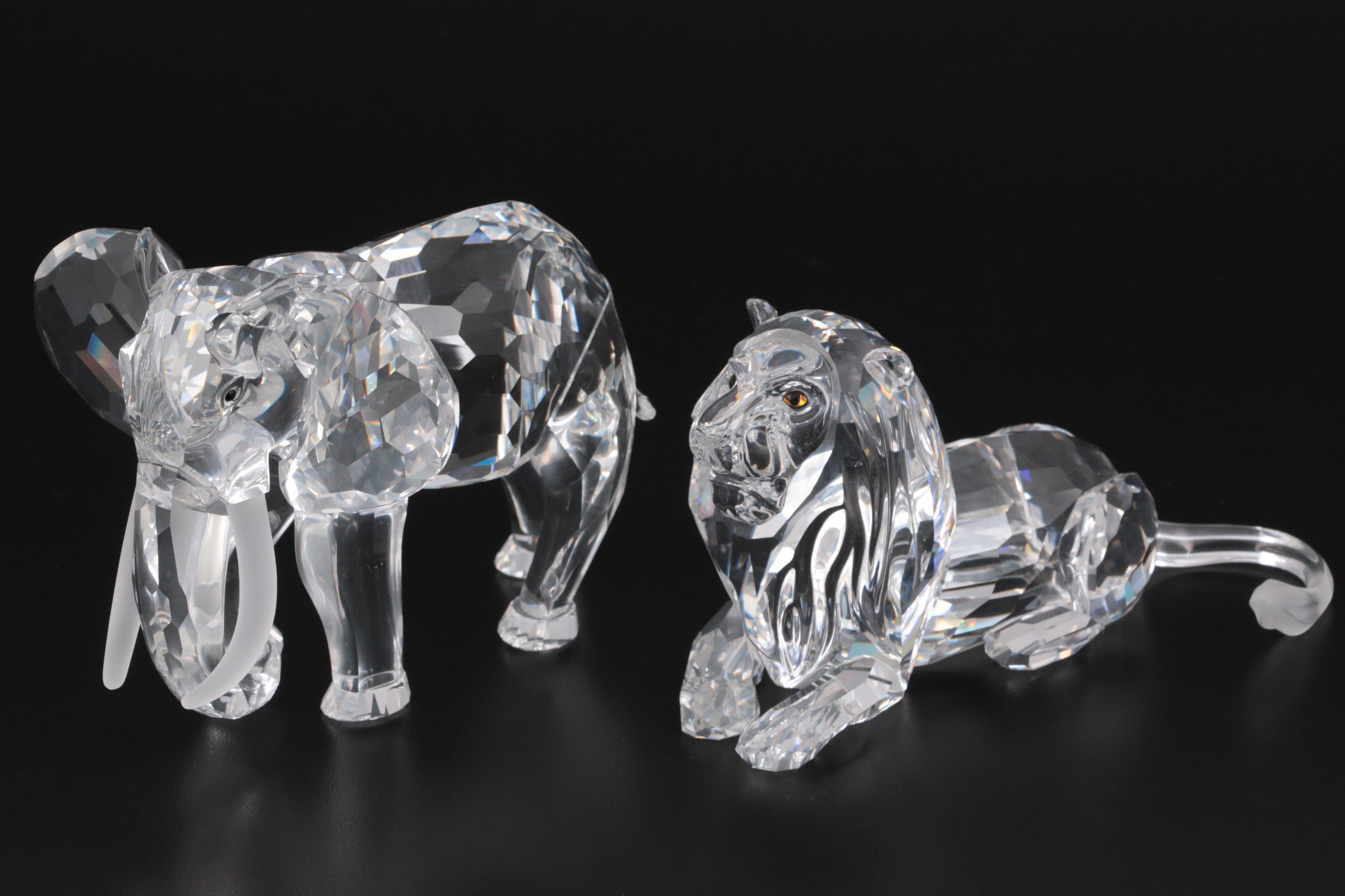 Swarovski Elephant and Lion Crystal Figurines, Late 20th Century