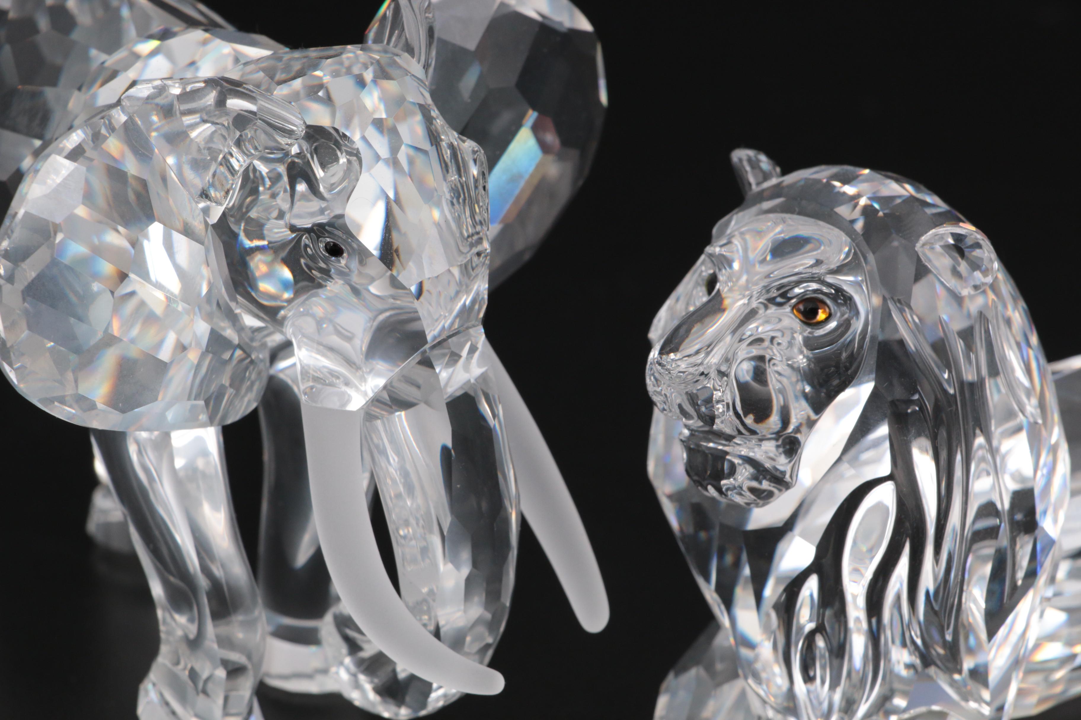 Swarovski Elephant and Lion Crystal Figurines, Late 20th Century