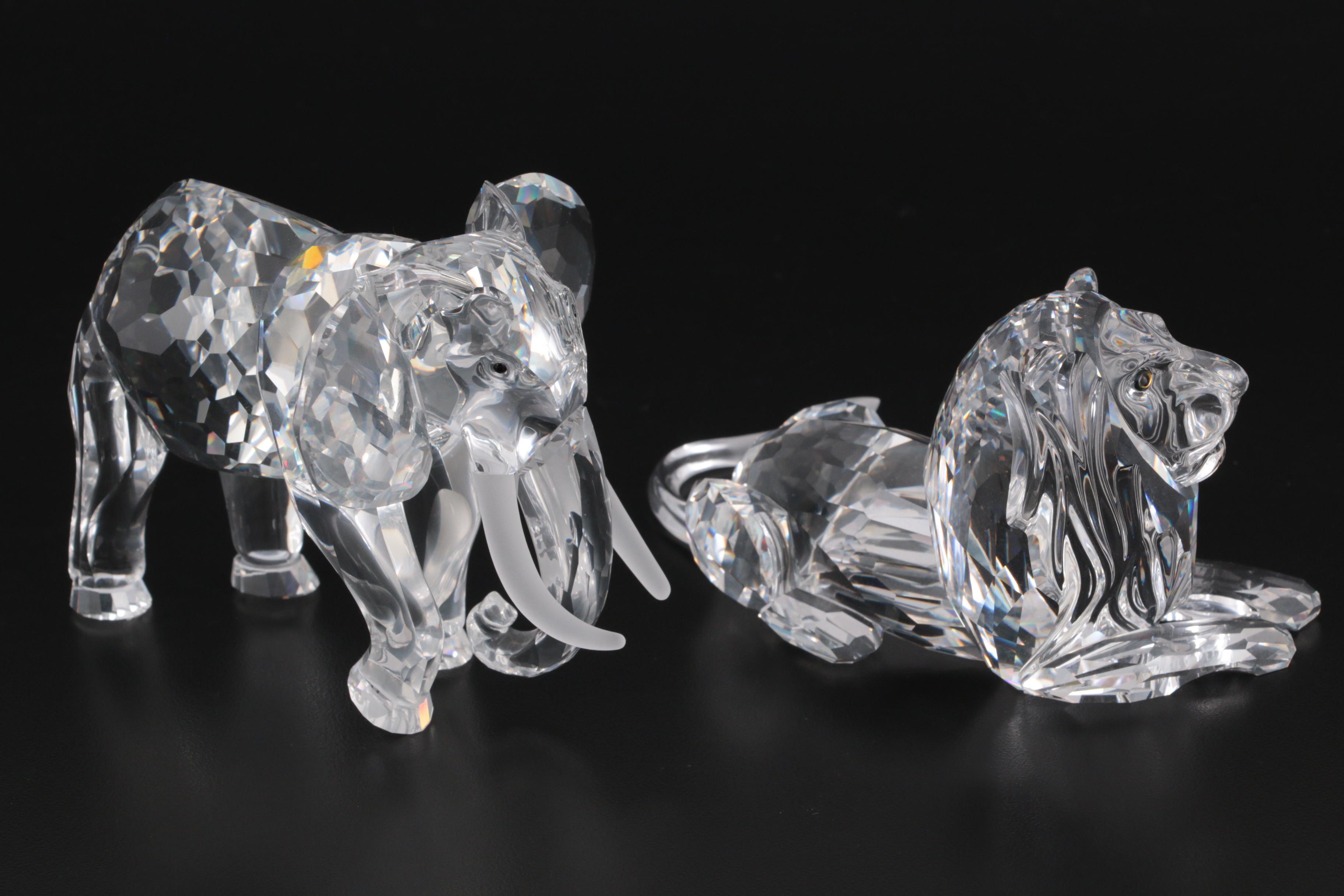 Swarovski Elephant and Lion Crystal Figurines, Late 20th Century