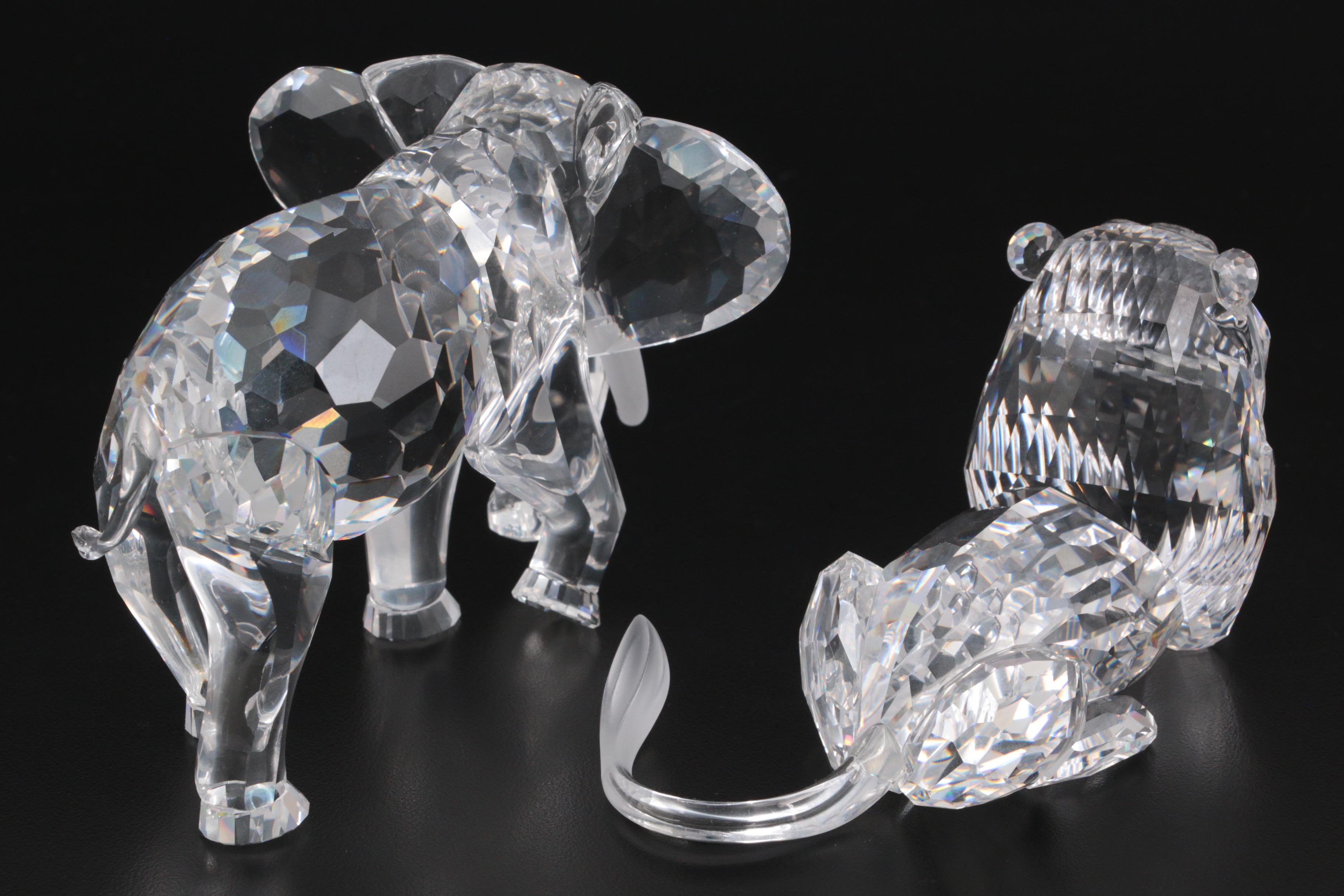 Swarovski Elephant and Lion Crystal Figurines, Late 20th Century