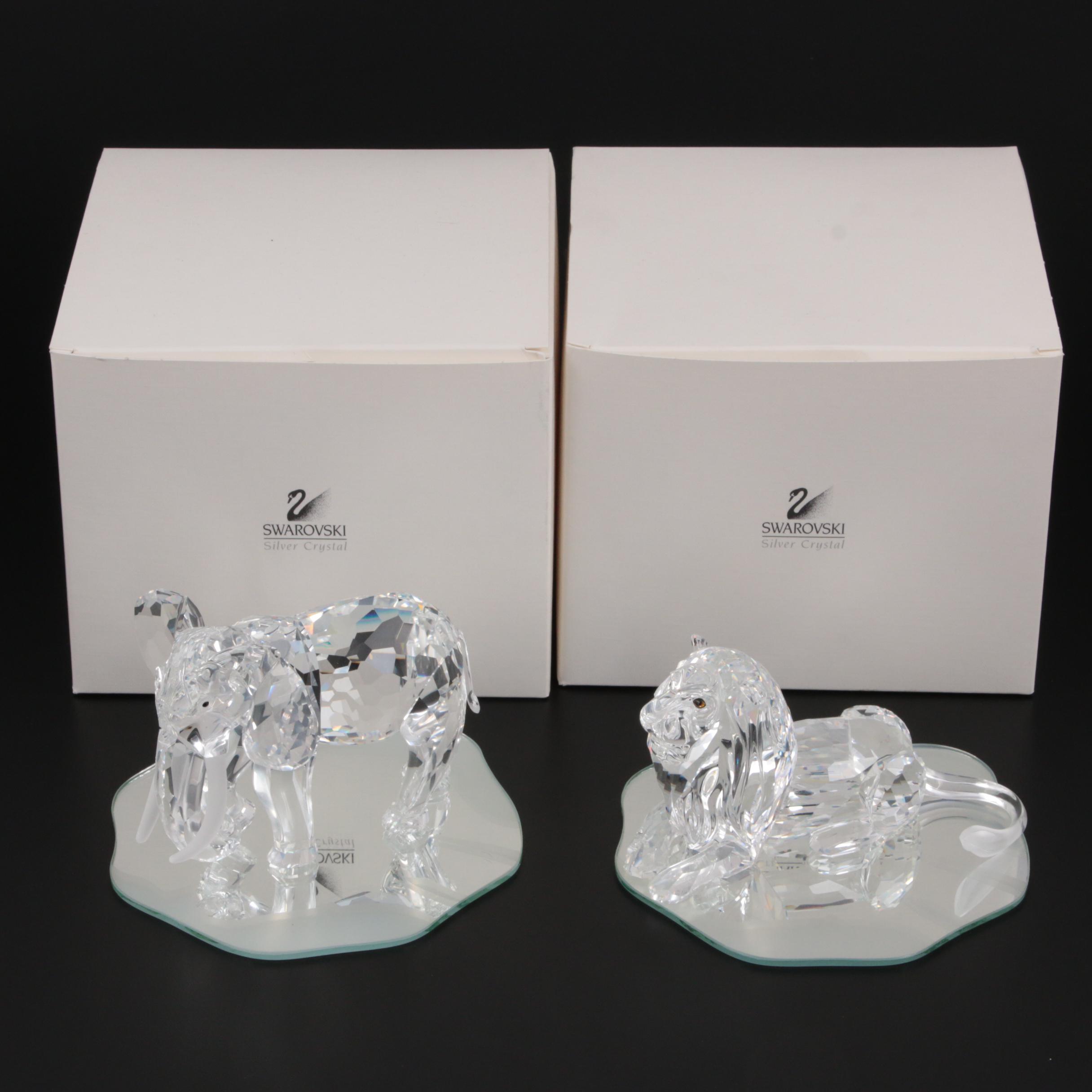 Swarovski Elephant and Lion Crystal Figurines, Late 20th Century