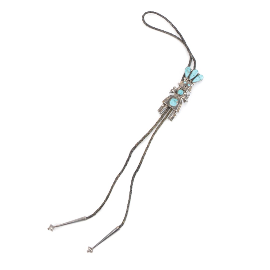 Alonzo Hustito Zuni Sterling Silver and Turquoise Kachina Bolo Tie Necklace