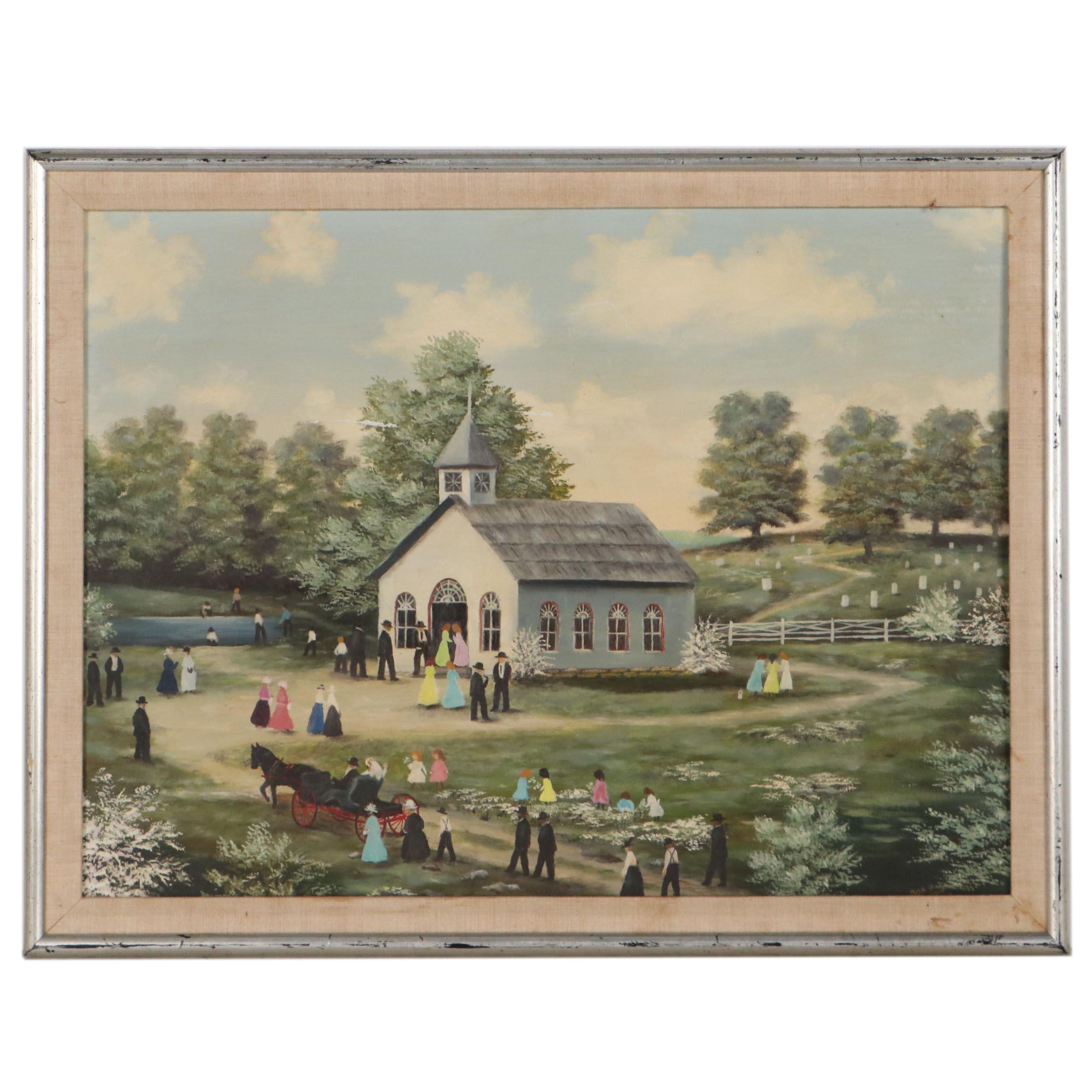 Folk Art Style Oil Painting of Rural Church Scene, 1967