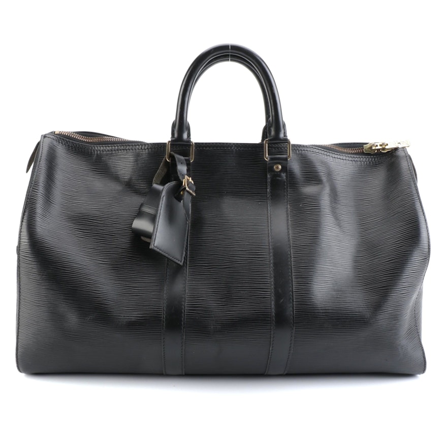 Louis Vuitton Keepall 45 Duffel Bag in Black Epi and Smooth Leather