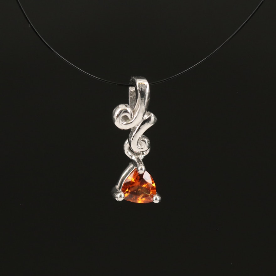 Sterling Hessonite Garnet Solitaire Pendant with Scrollwork