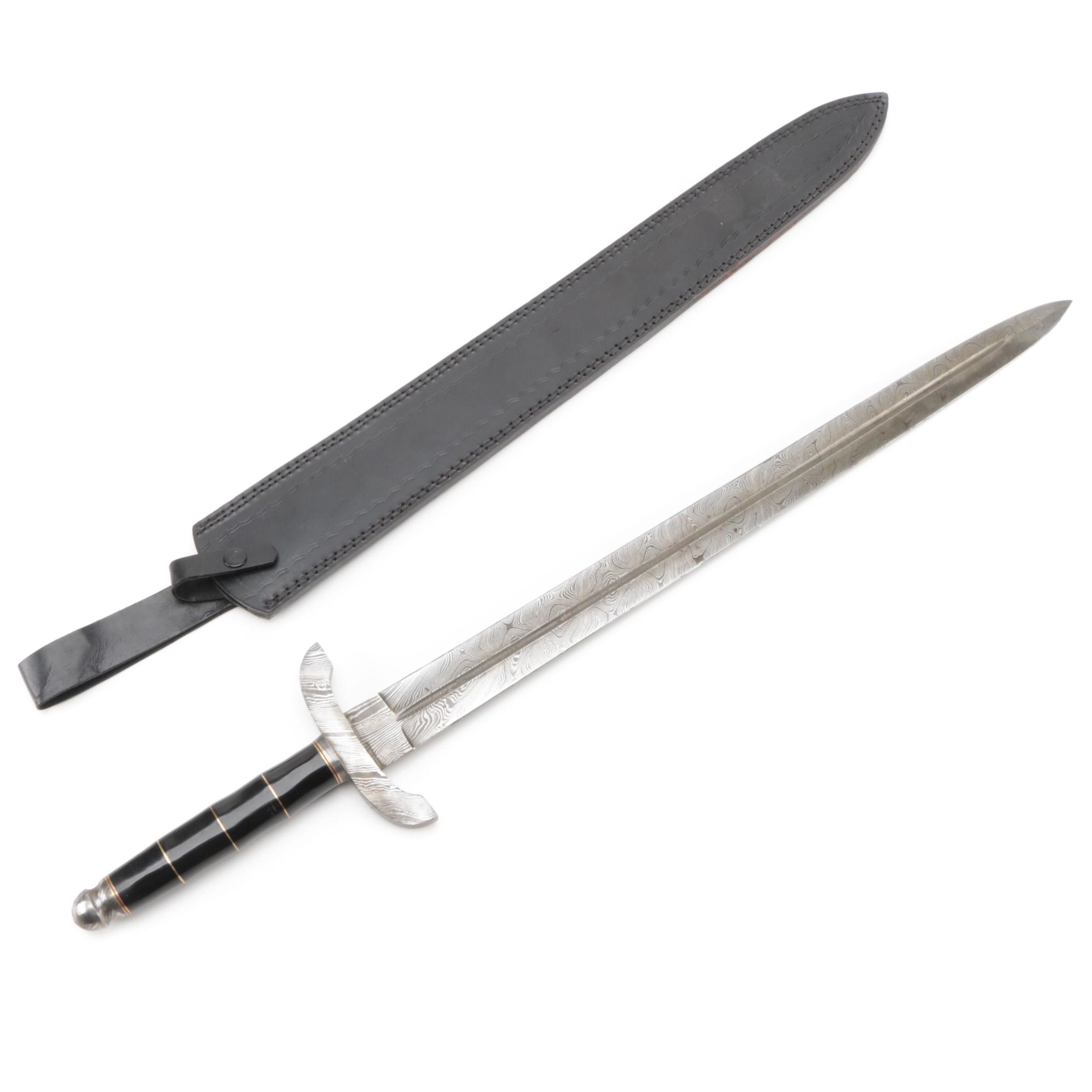 Damascus Steel Short Sword with Leather Scabbard