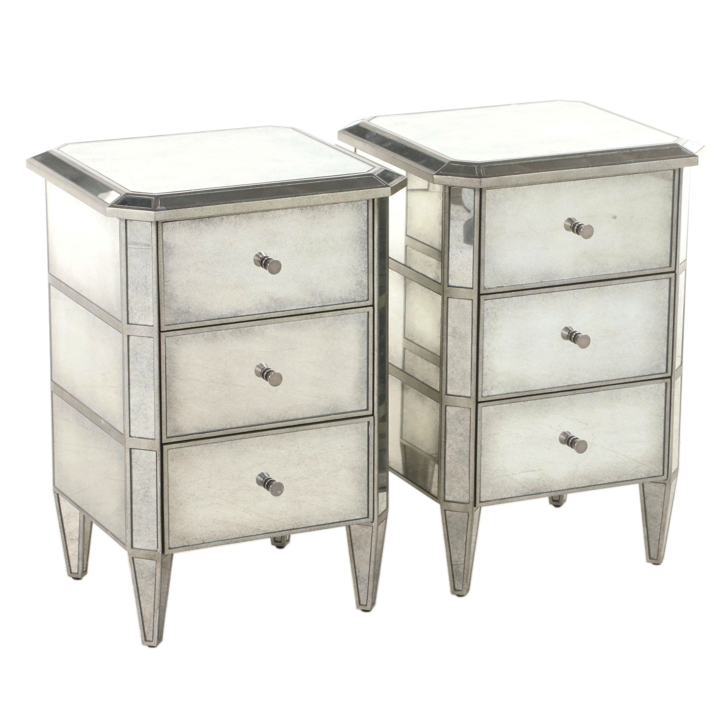 Pair of Restoration Hardware "Ava" Silver Gilt and Mirrored Glass Nightstands