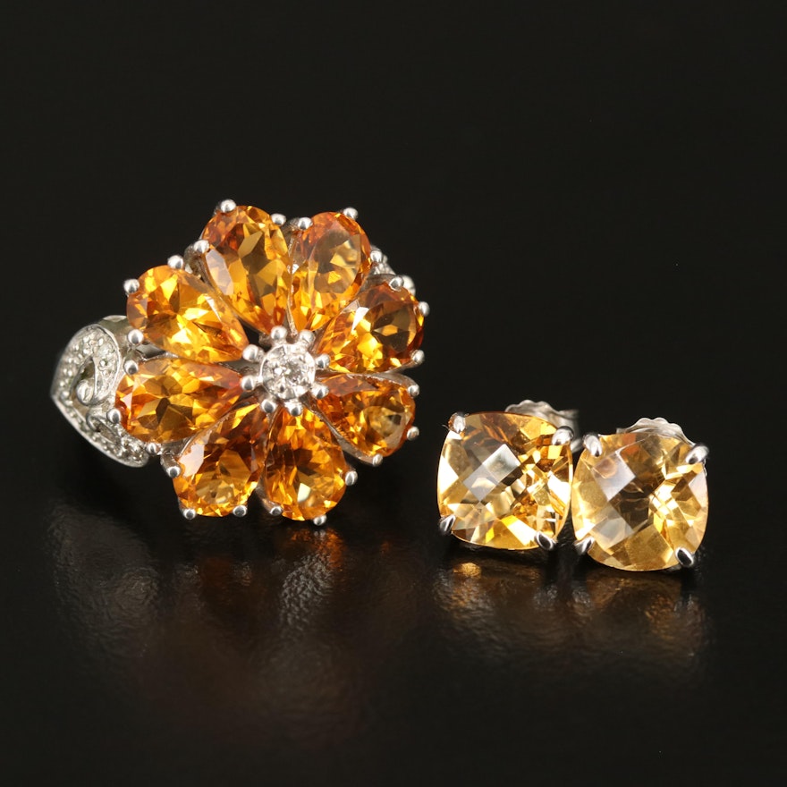 Sterling Citrine Stud Earrings and Sterling Citrine and Diamond Flower Ring