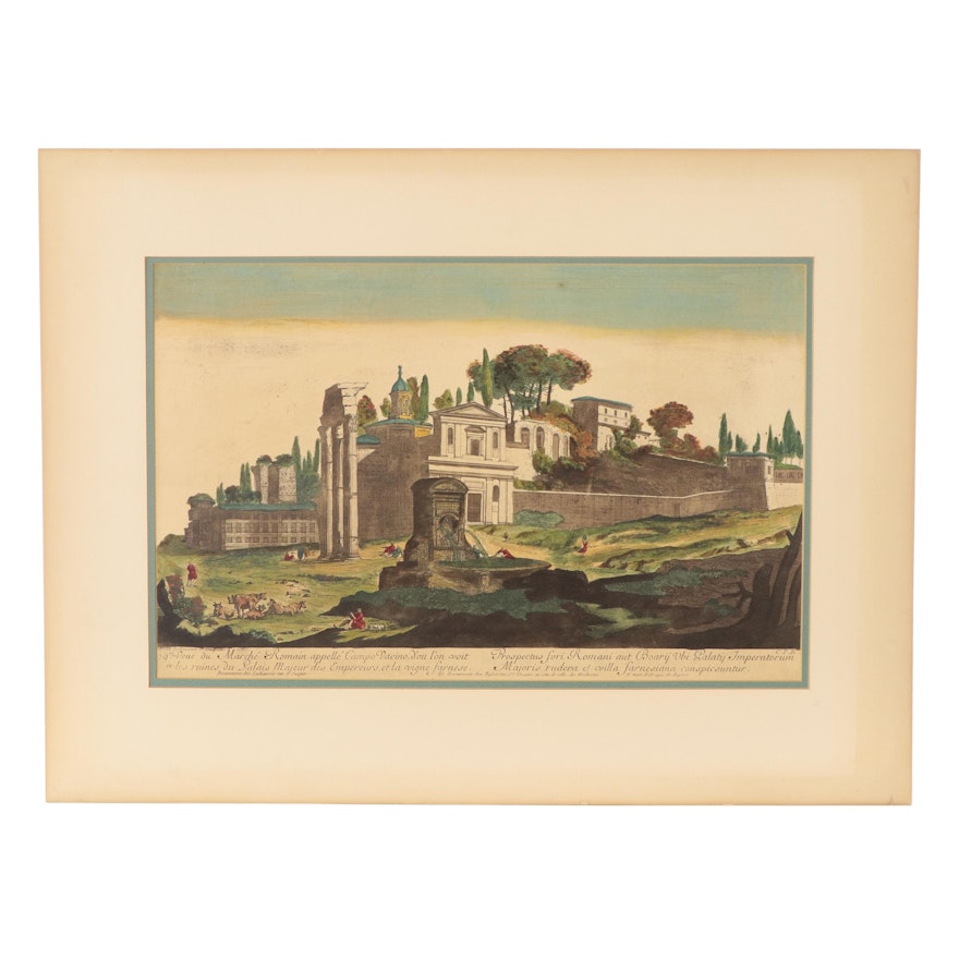 Hand-Colored Lithograph After Jacques Prou the Elder of View of Rome