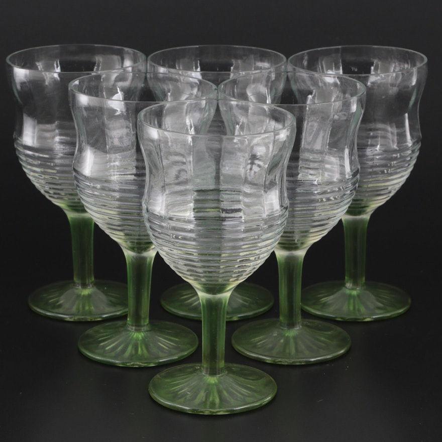 Ribbed Glass Goblets with Green Stem Accents, Mid to Late 20th Century