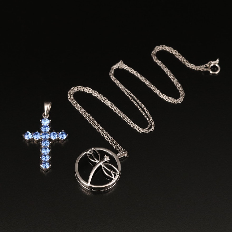 Sterling Dragonfly Necklace and Cross Pendant with Glass, Black Onyx and Diamond
