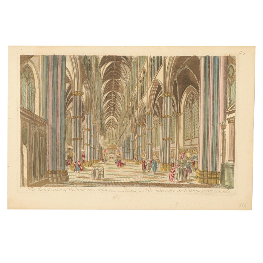 Hand-Colored Engraving "The Inside Vien of Westminster Abby," Late 18th Century