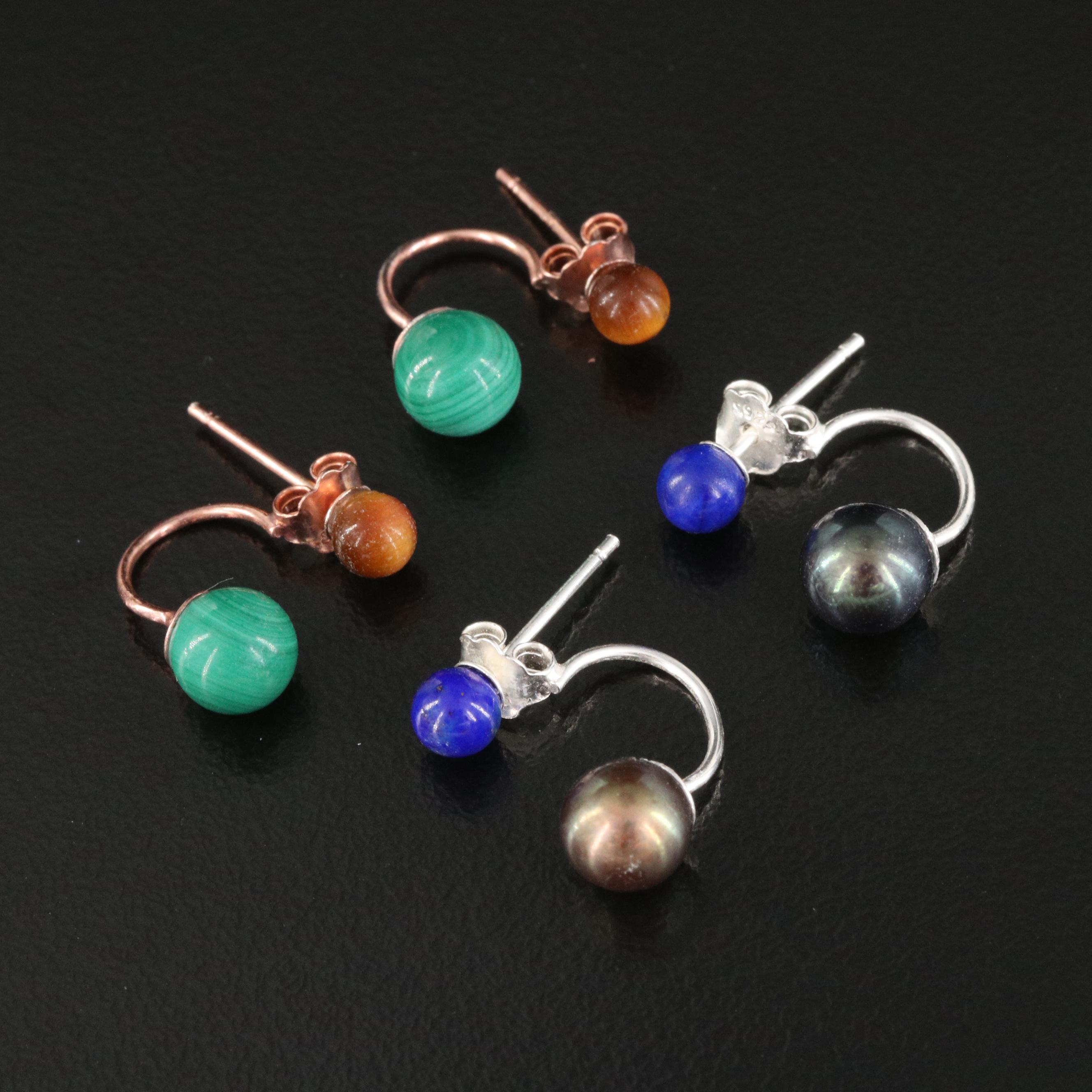 Sterling Stud Earrings with Enhancers Including Tiger's Eye and Lapis Lazuli