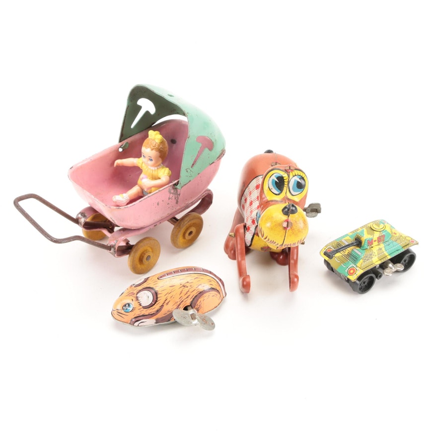 Tin Litho Wind-Up Toys, Metal Baby Stroller