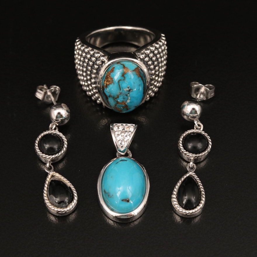 Sterling Grouping Including Michael Dawkins Turquoise Ring, Topaz and Black Onyx