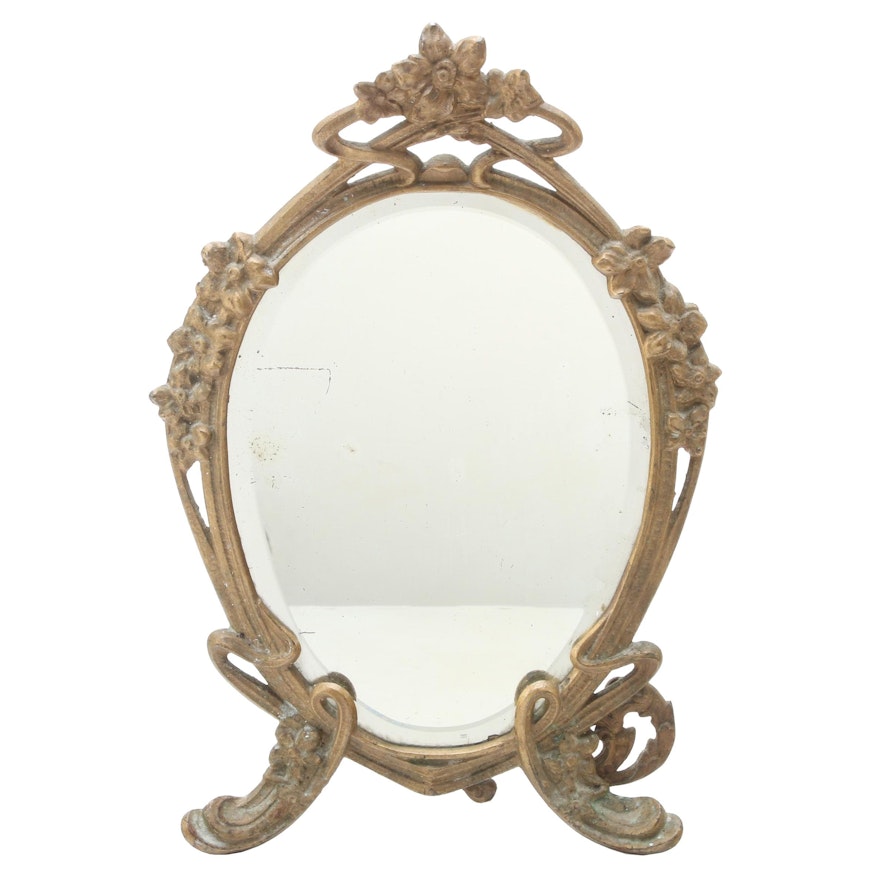 Art Nouveau Style Gilt Brass Easel Frame Vanity Mirror, Early to Mid-20th C.