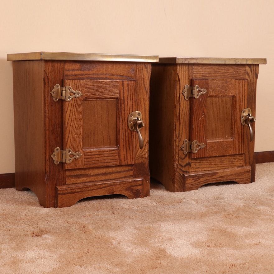 Pair of Oak and Brass Lift-Top Ice Box Style End Tables