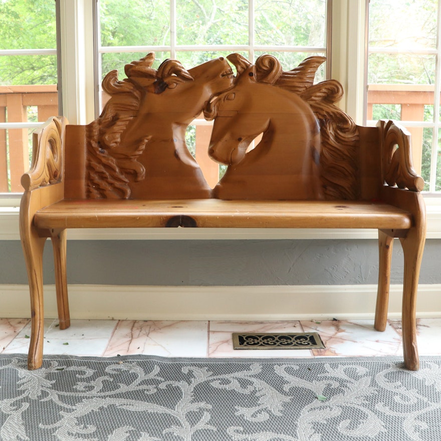 Carved Pine Equine-Themed Bench