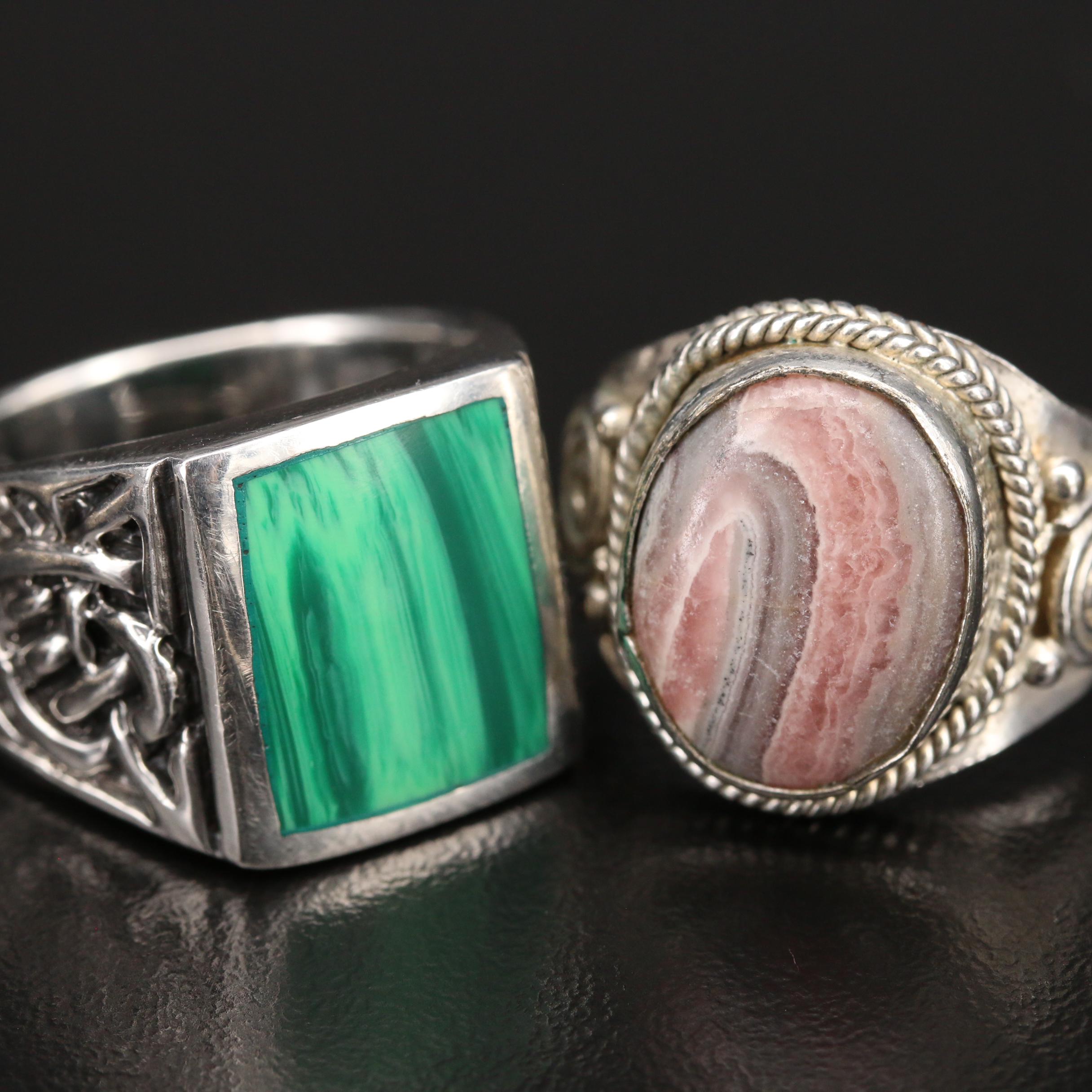 Sterling Rings Including Abalone, Rhodochrosite and Malachite