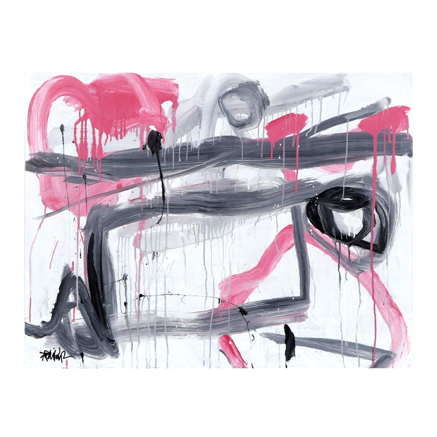 Robbie Kemper Abstract Acrylic Painting "Pink & Gray Swirls," Circa 2021