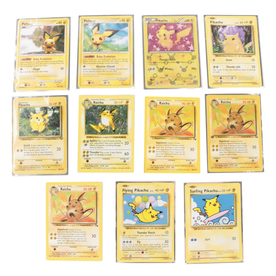 Pokémon Cards Including Pichu, Pikachu, and Raichu