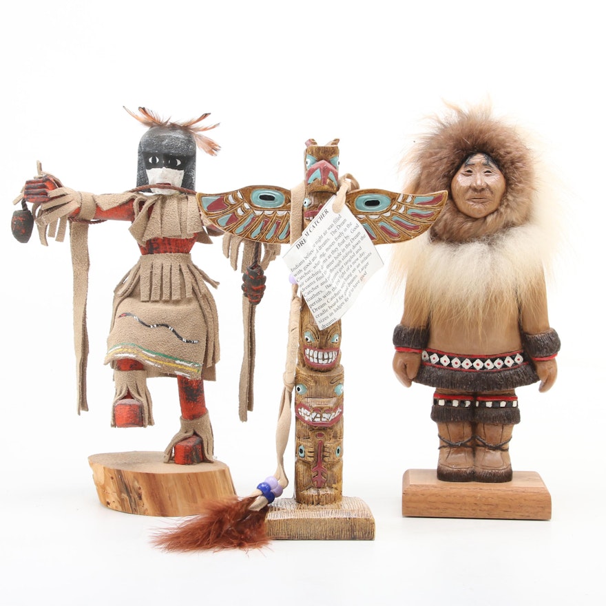 Souvenir Figurines, Cast Resin Totem Pole, and Dreamcatcher