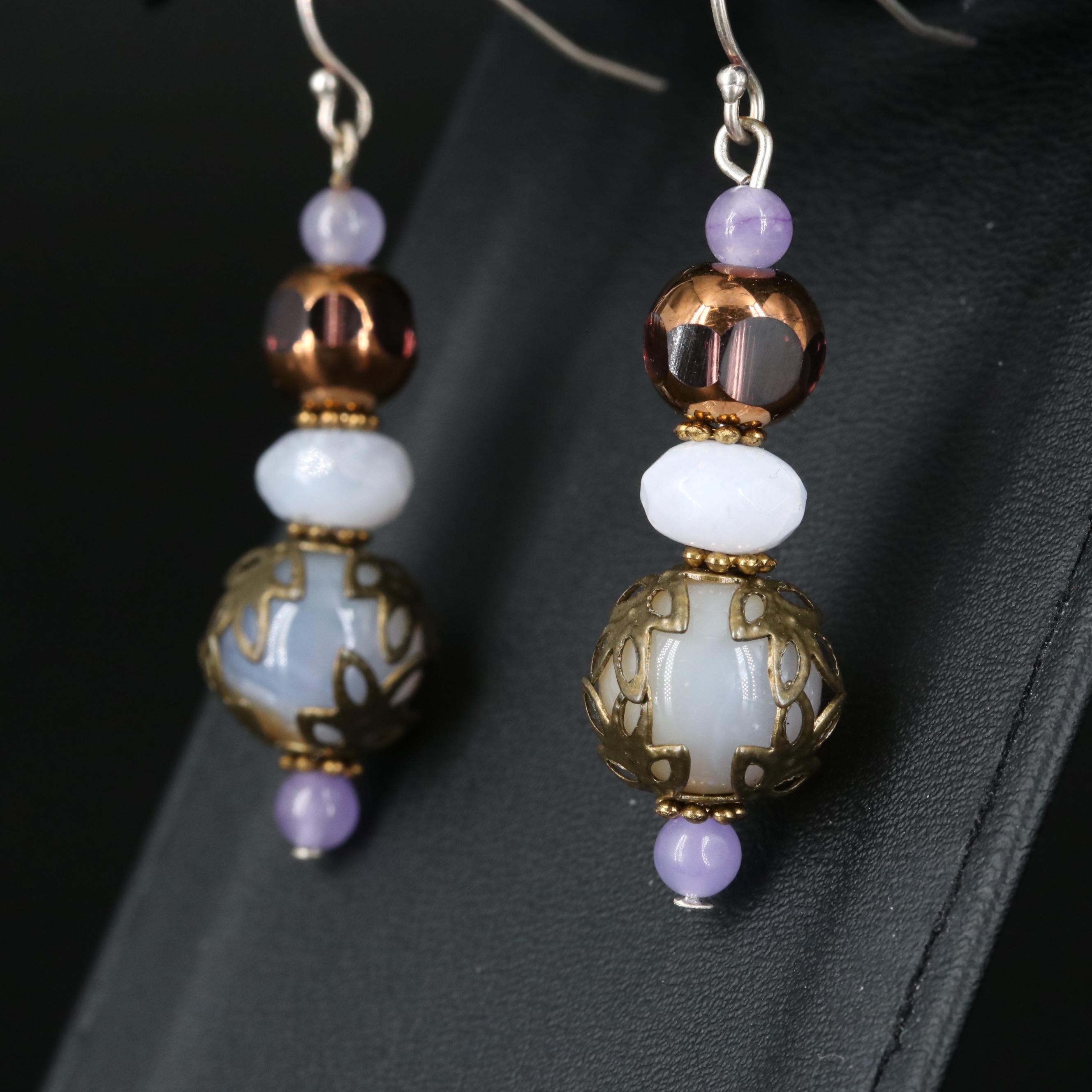 Sterling Drop Earring Collection with Lace Agate and Bubble Glass Earrings