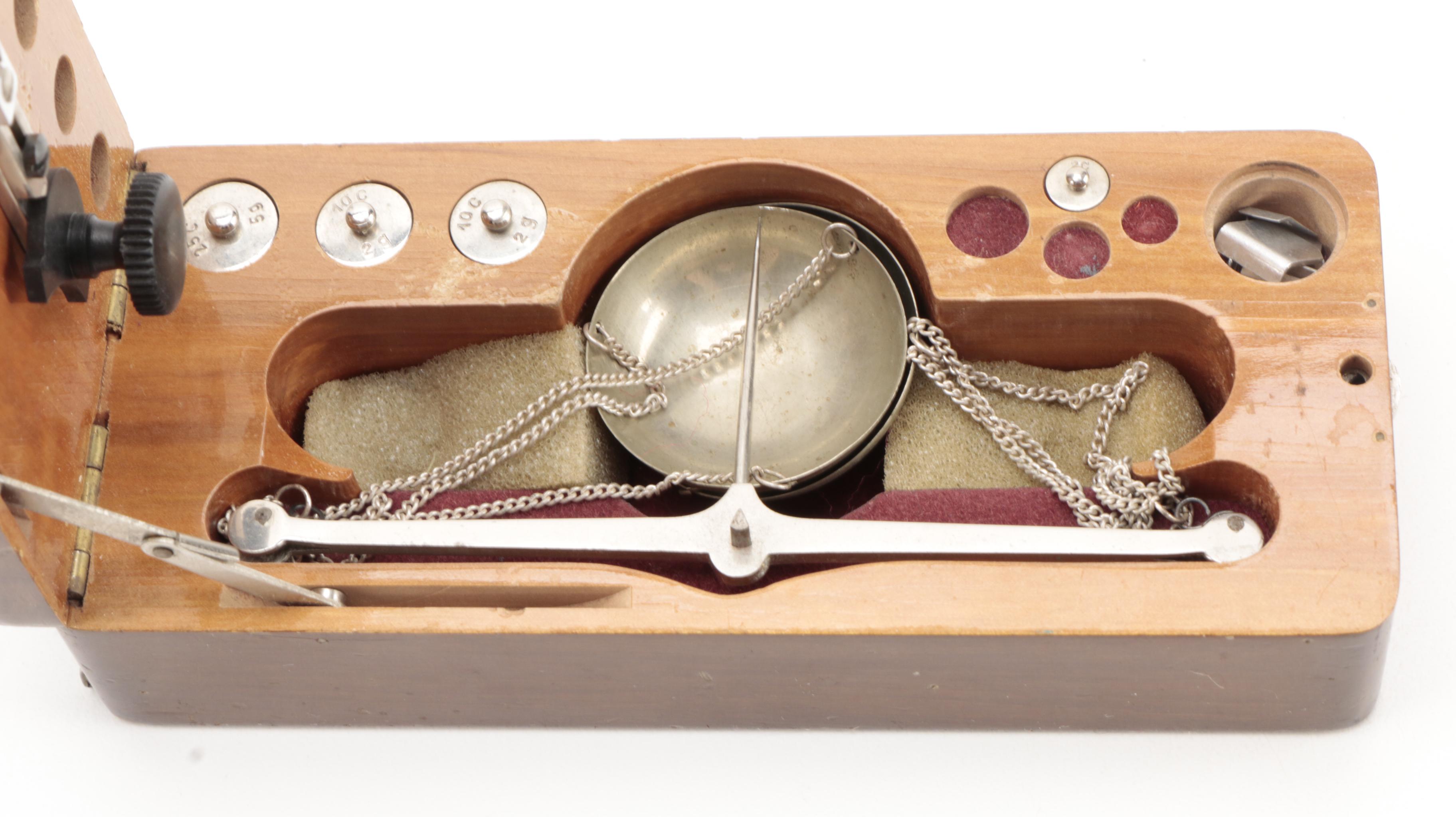 West Germany Portable Balance Scale with Wooden Base, Vintage