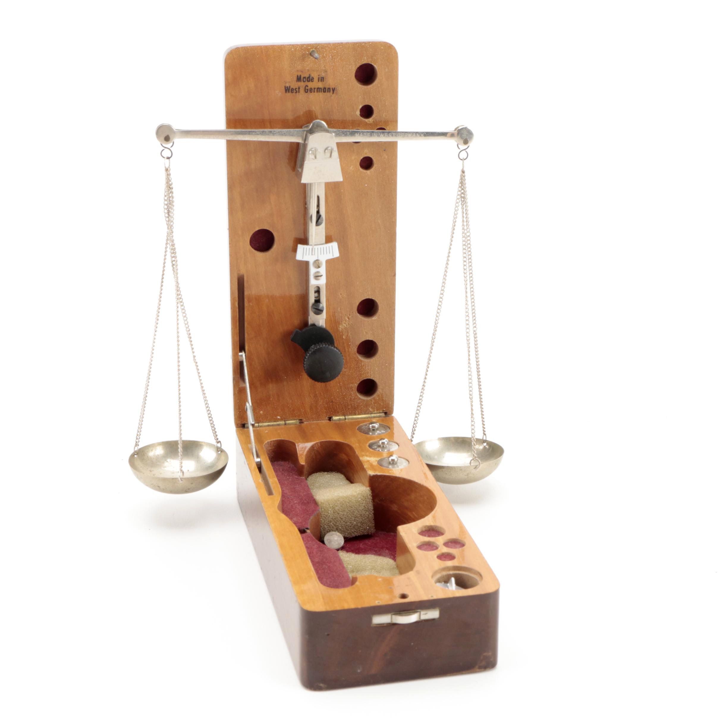 West Germany Portable Balance Scale with Wooden Base, Vintage