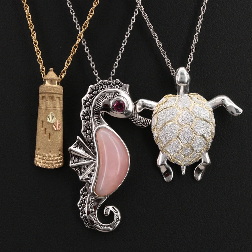 Nautical Pendant Necklaces with 10K Lighthouse and Sterling Turtle and Seahorse